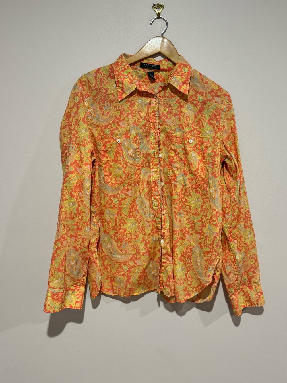 Lauren Ralph Lauren Orange Paisley Cotton Button Down Shirt Womens XL